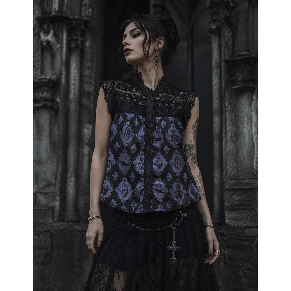 Iron Fist Womens XL Purple Black Gothic Skeleton Lace Skulls AOP Goth Halloween